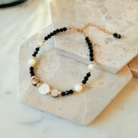 Art Deco - Black Spinel, Mother of Pearl, Black Shell Beaded 14K Gold-Filled Bracelet