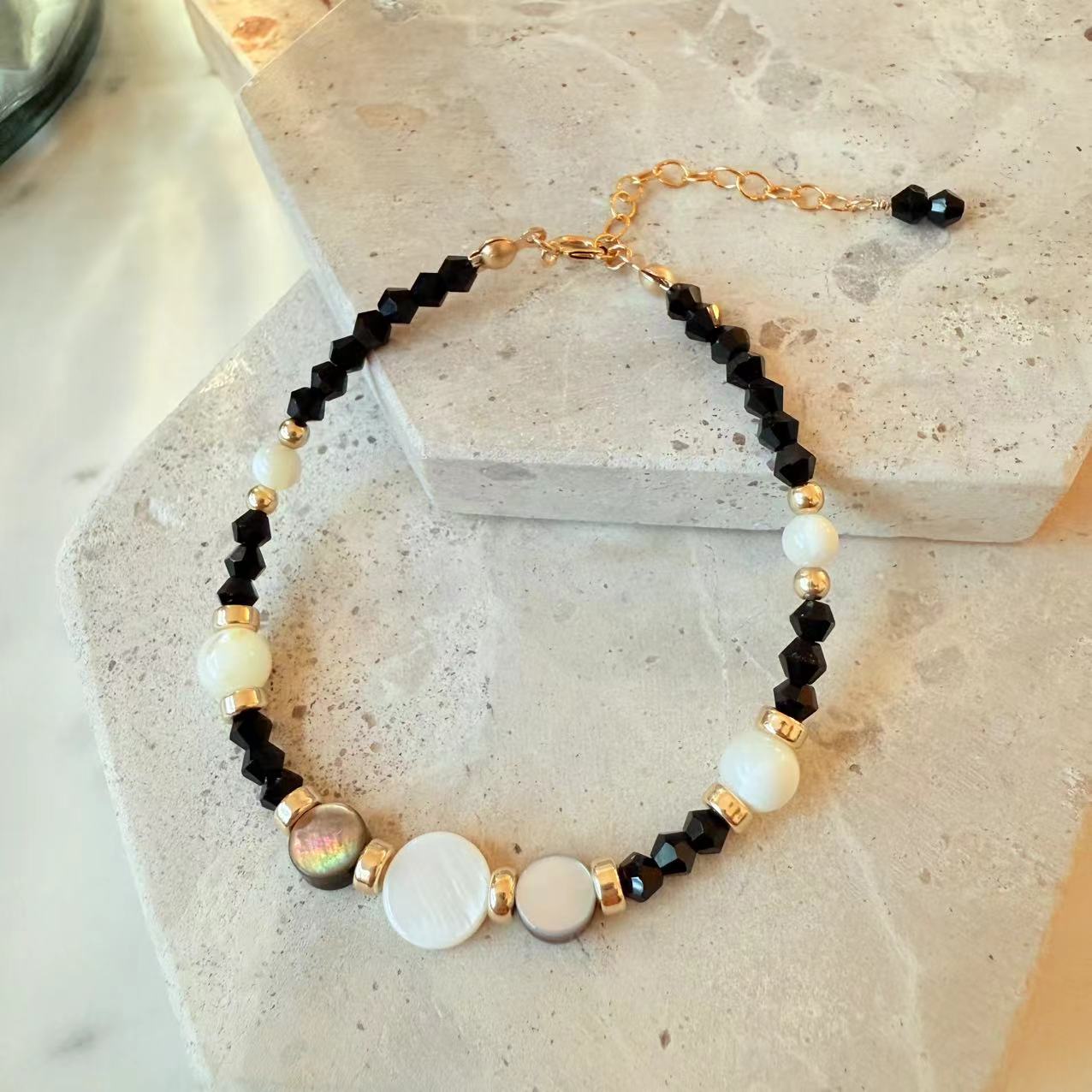 Art Deco - Black Spinel, Mother of Pearl, Black Shell Beaded 14K Gold-Filled Bracelet