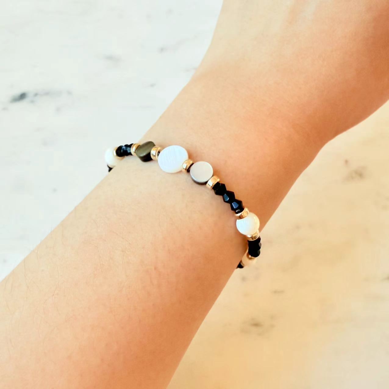 Art Deco - Black Spinel, Mother of Pearl, Black Shell Beaded 14K Gold-Filled Bracelet
