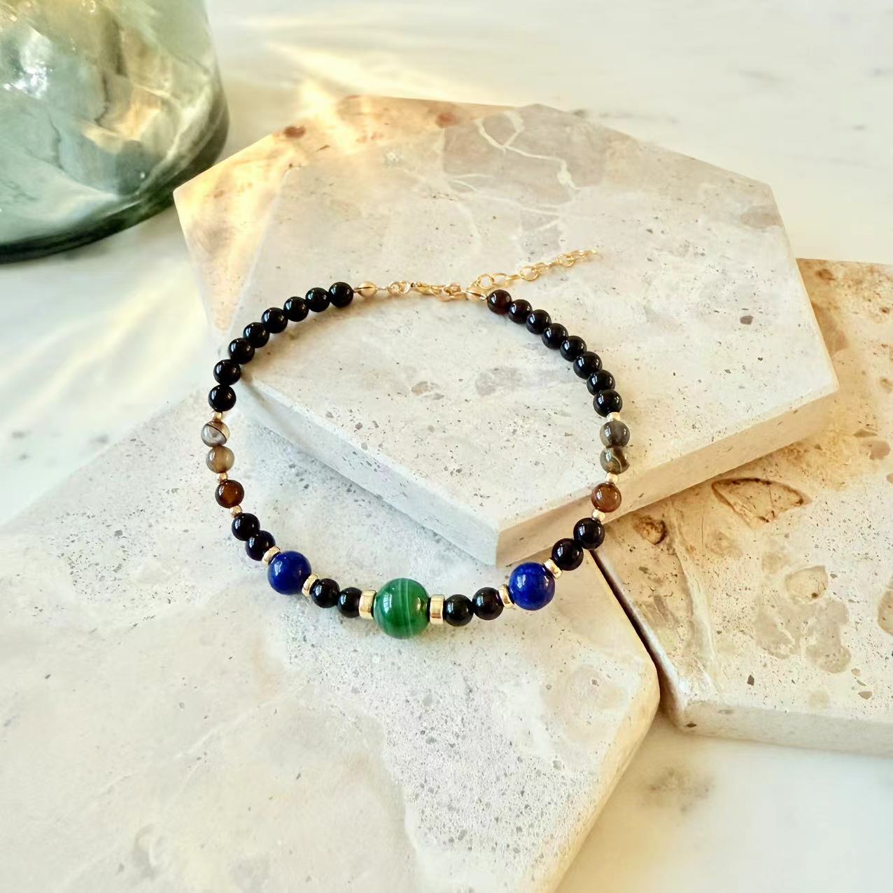 Malachite - Malachite, Lapis, and Black/Coffee Onyx 14K Gold-Filled Beaded Bracelet