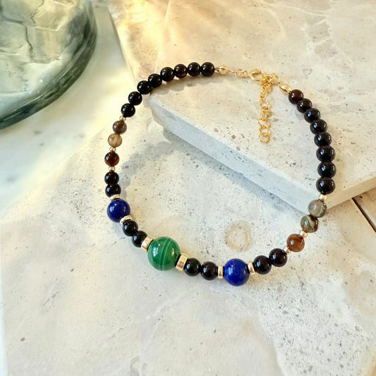 Malachite - Malachite, Lapis, and Black/Coffee Onyx 14K Gold-Filled Beaded Bracelet