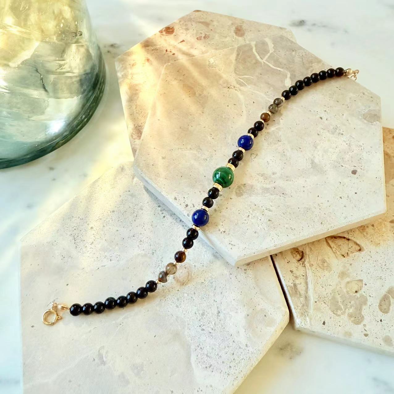 Malachite - Malachite, Lapis, and Black/Coffee Onyx 14K Gold-Filled Beaded Bracelet