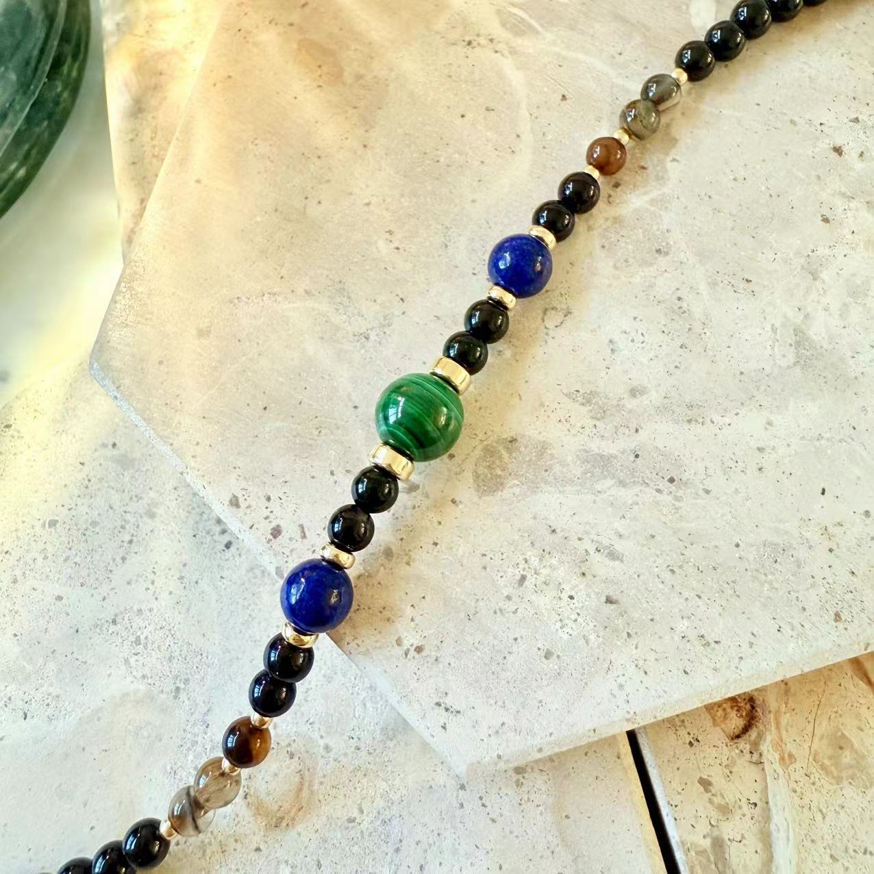 Malachite - Malachite, Lapis, and Black/Coffee Onyx 14K Gold-Filled Beaded Bracelet