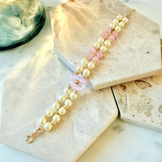 Romance - 6mm Swarovski Pearl and Pink Cat Eye 14K Gold-Filled Beaded Bracelet