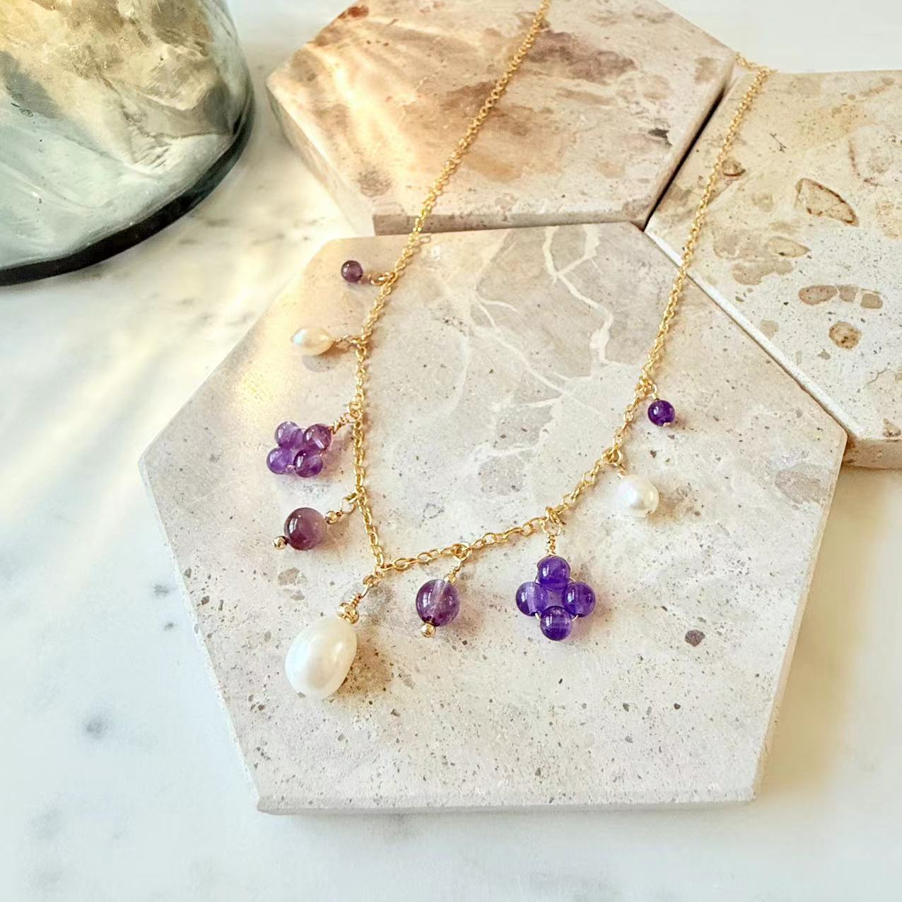 Baroque - Amethyst and Teardrop Pearl 14K Gold-Filled Station Necklace