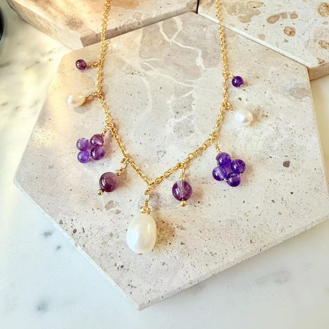 Baroque - Amethyst and Teardrop Pearl 14K Gold-Filled Station Necklace