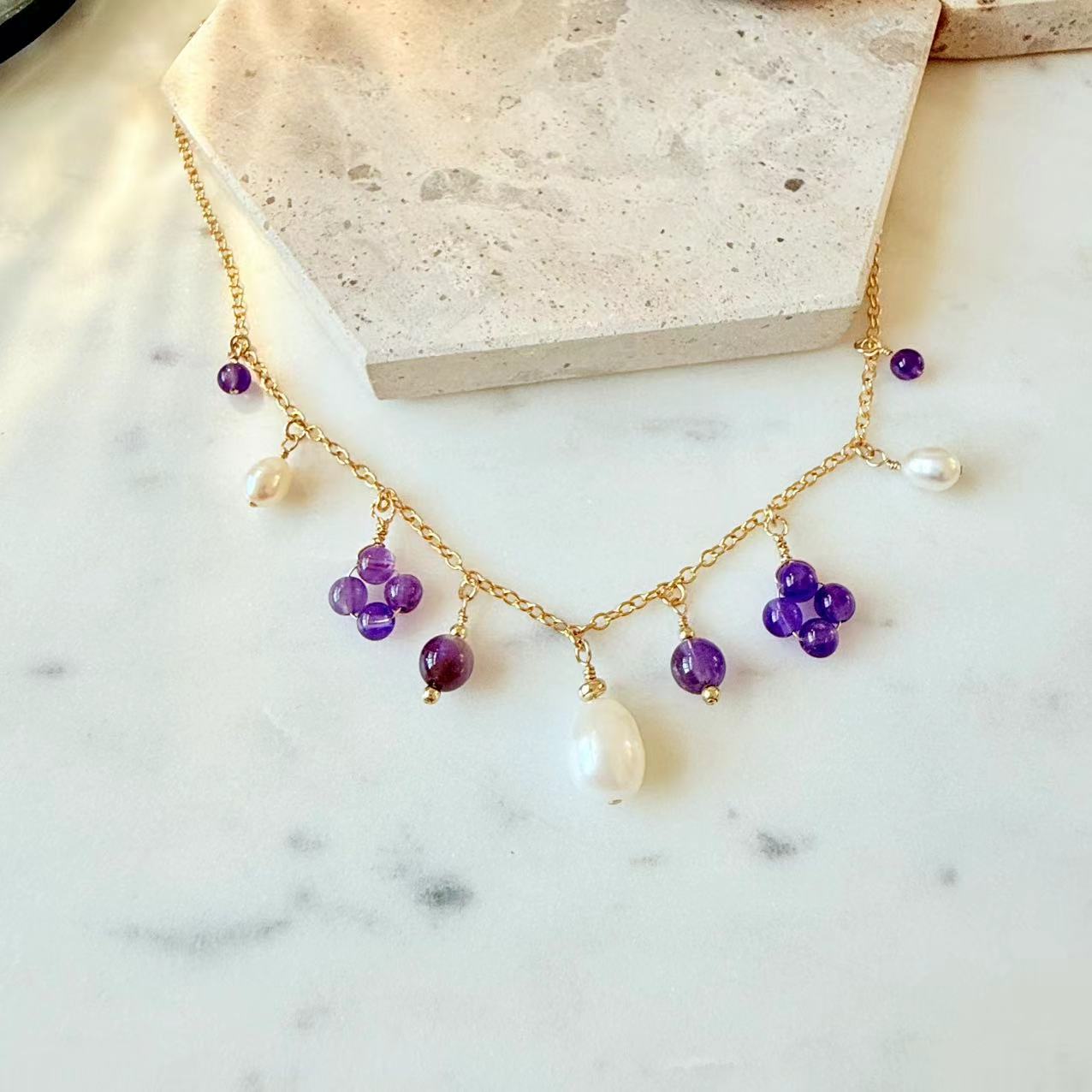 Baroque - Amethyst and Teardrop Pearl 14K Gold-Filled Station Necklace