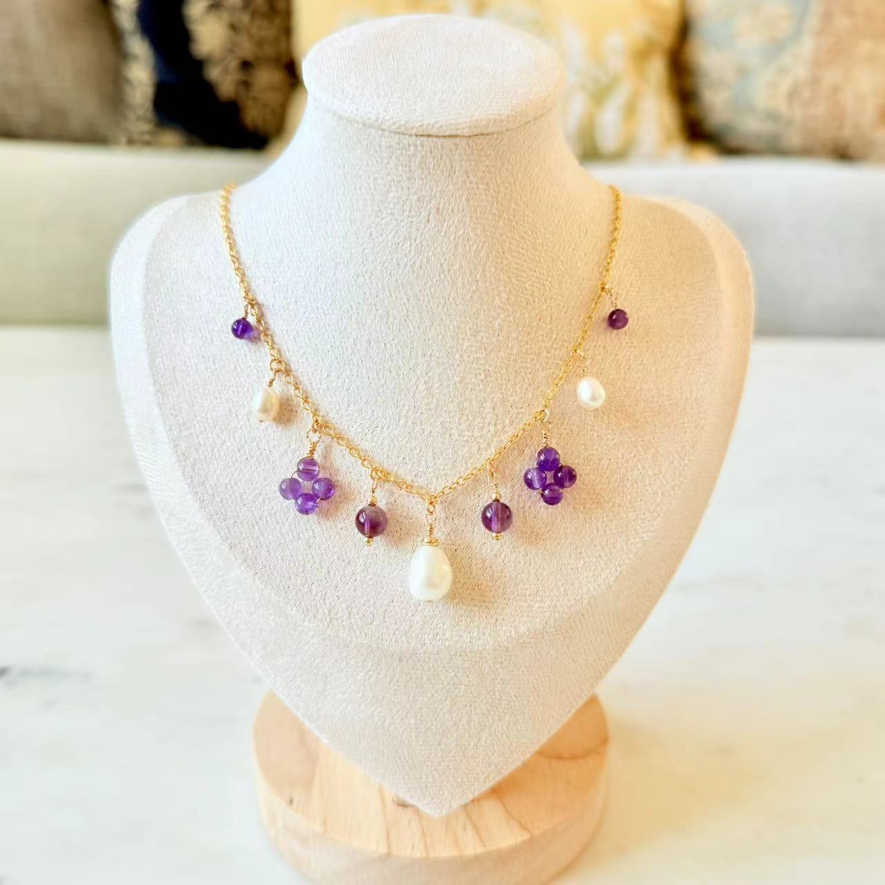 Baroque - Amethyst and Teardrop Pearl 14K Gold-Filled Station Necklace