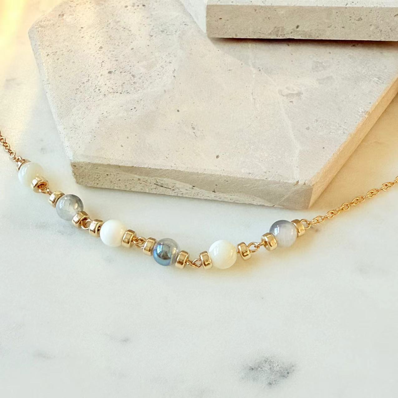 Dopamine - Mother of Pearl and Blue Glass Beads 14K Gold-Filled Bracelet