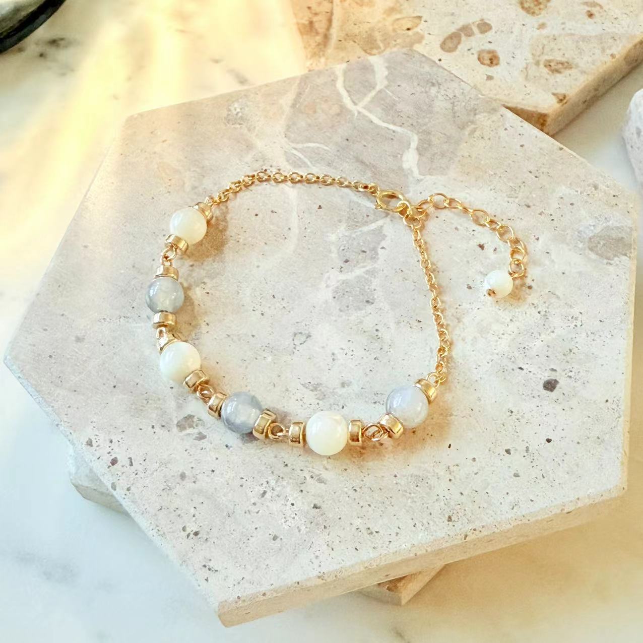 Dopamine - Mother of Pearl and Blue Glass Beads 14K Gold-Filled Bracelet