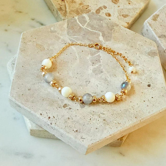Dopamine - Mother of Pearl and Blue Glass Beads 14K Gold-Filled Bracelet