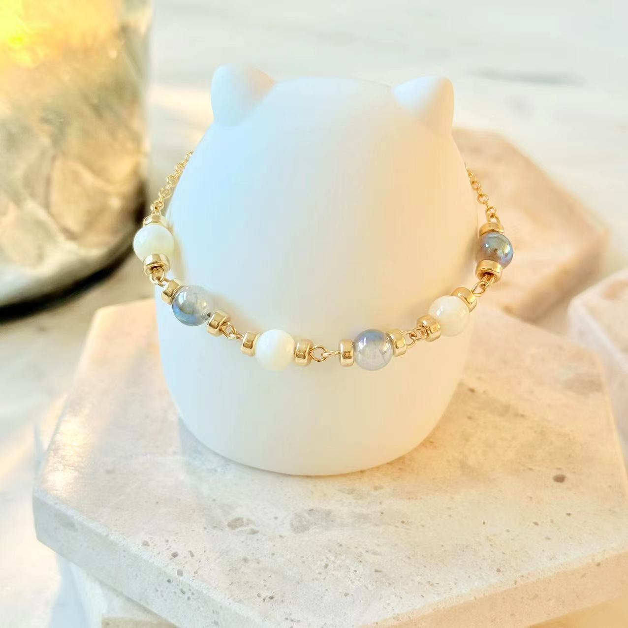 Dopamine - Mother of Pearl and Blue Glass Beads 14K Gold-Filled Bracelet