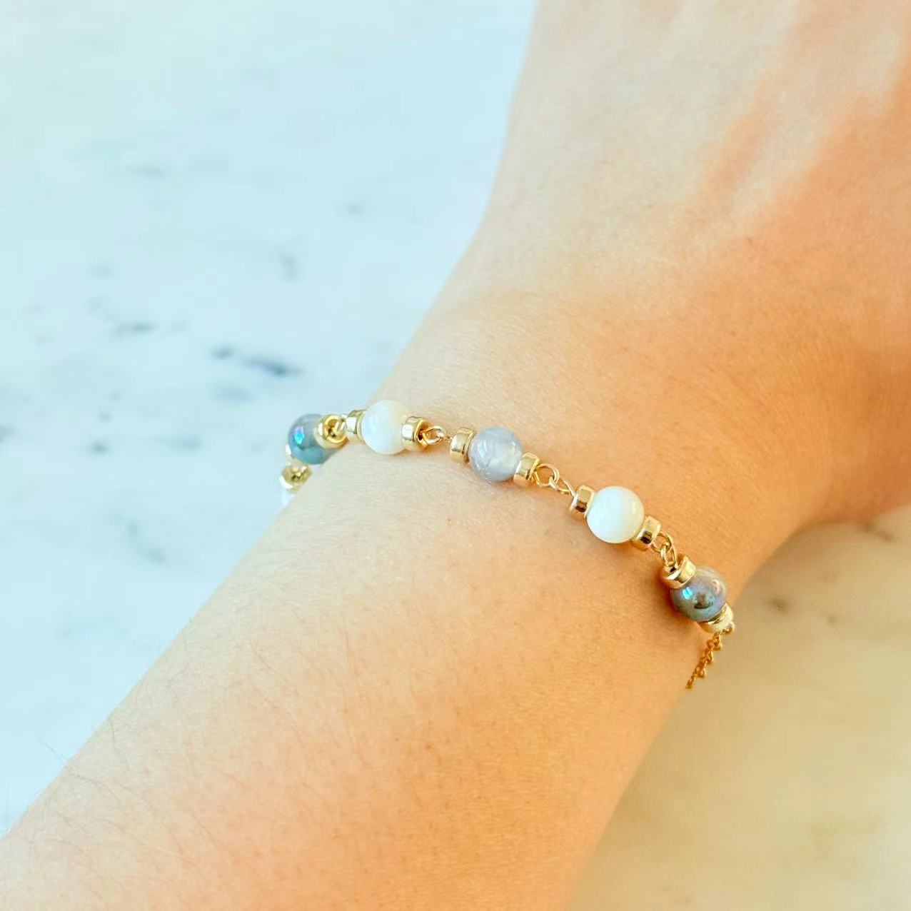 Dopamine - Mother of Pearl and Blue Glass Beads 14K Gold-Filled Bracelet