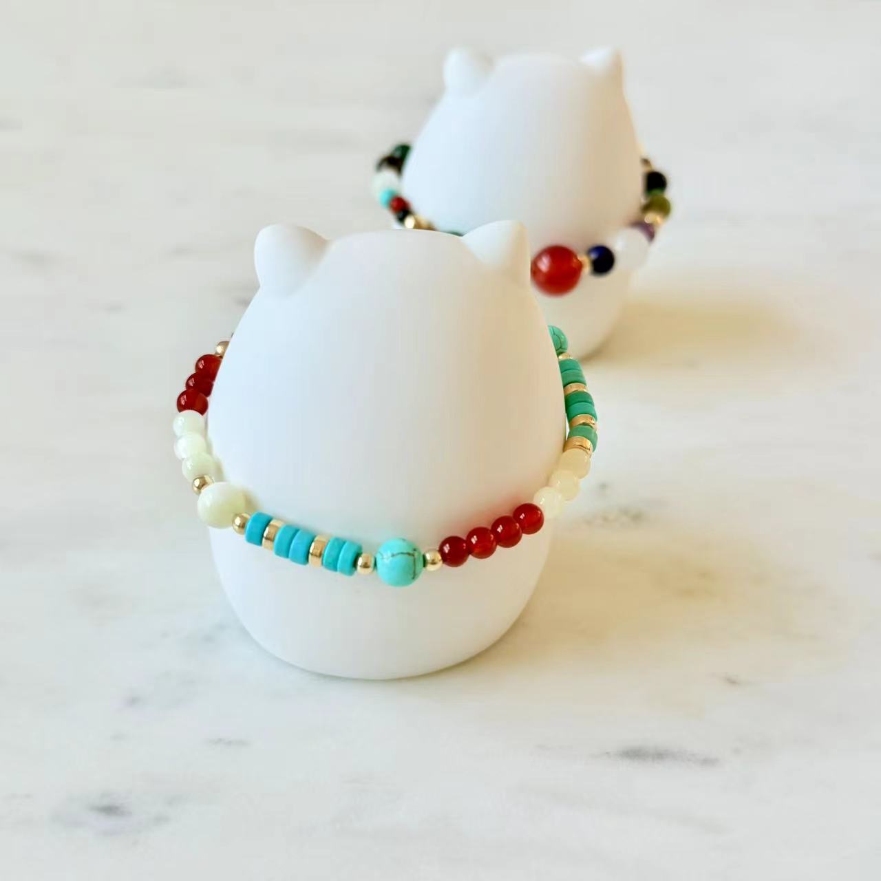 Dunhuang - Red Onyx, Turquoise, and Mother of Pearl Beaded Bracelet