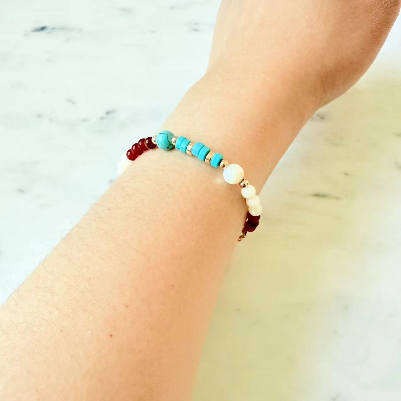 Dunhuang - Red Onyx, Turquoise, and Mother of Pearl Beaded Bracelet
