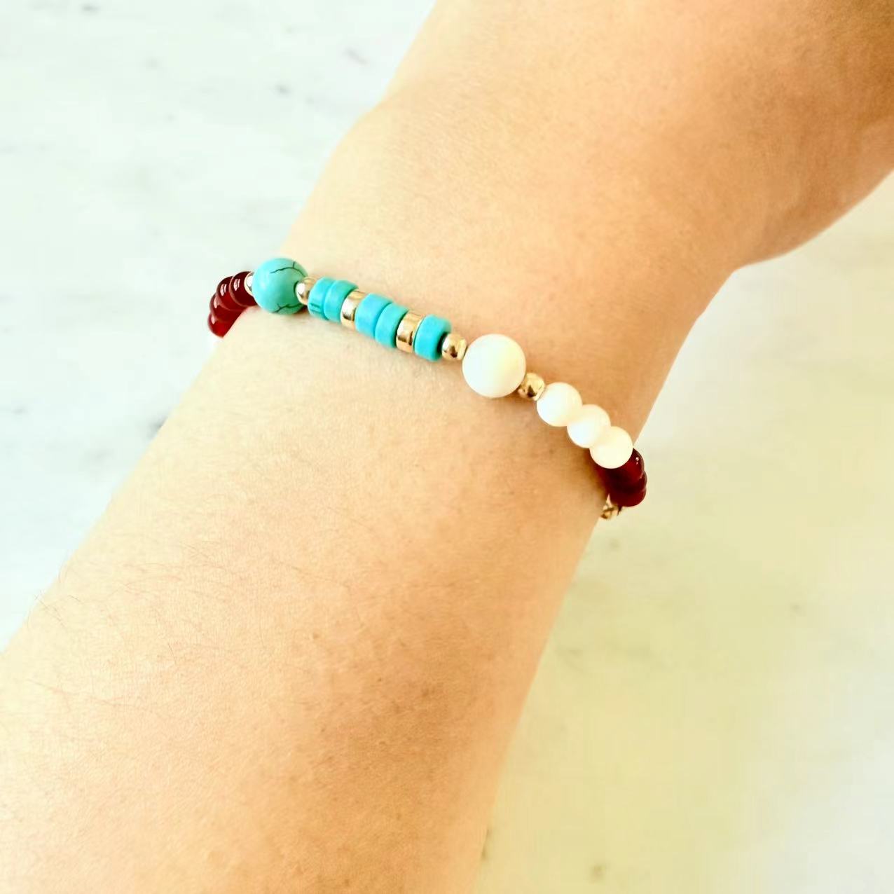 Dunhuang - Red Onyx, Turquoise, and Mother of Pearl Beaded Bracelet