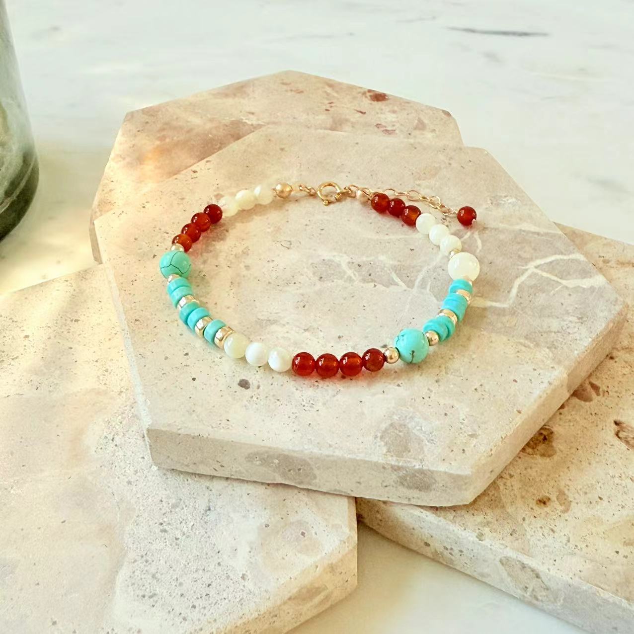 Dunhuang - Red Onyx, Turquoise, and Mother of Pearl Beaded Bracelet