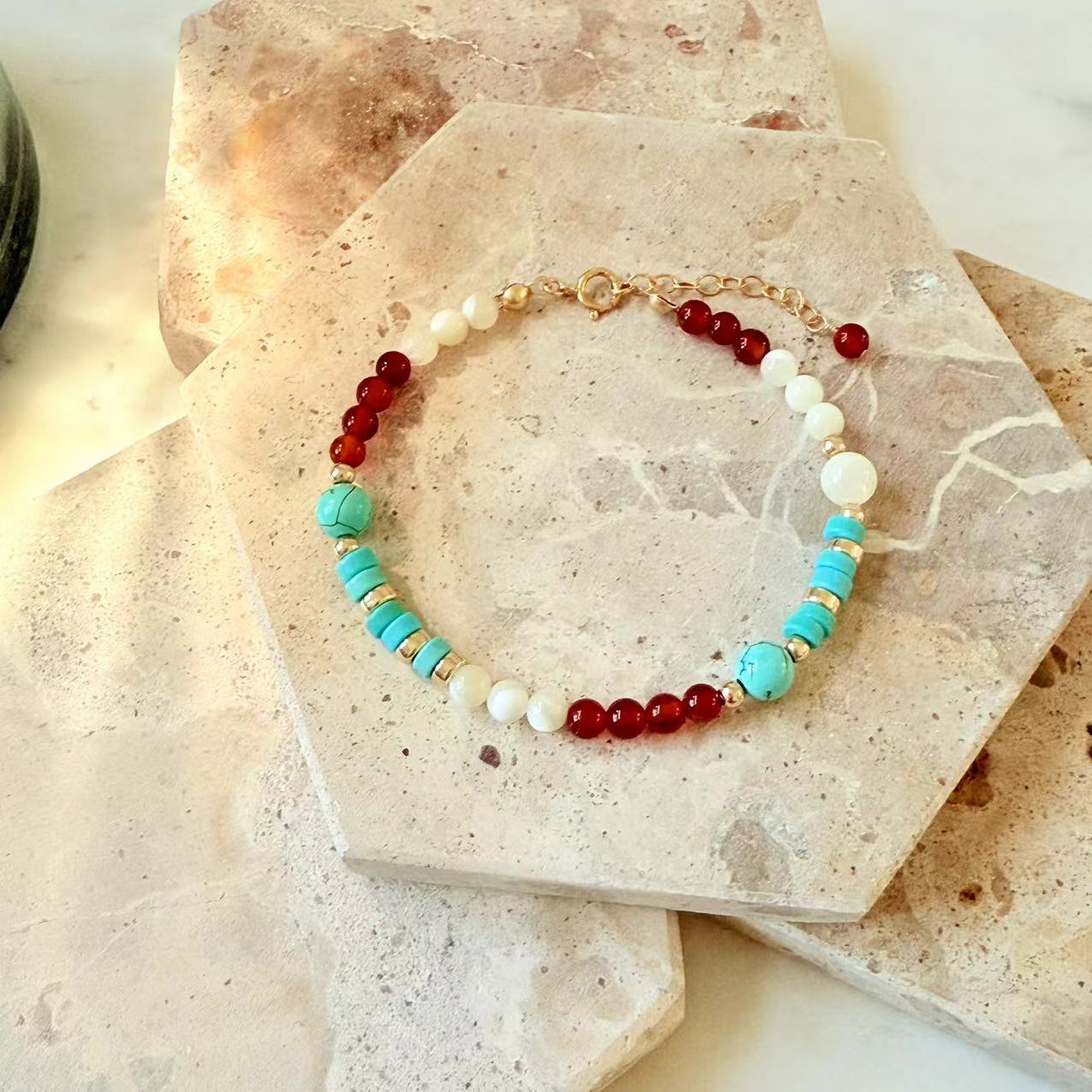 Dunhuang - Red Onyx, Turquoise, and Mother of Pearl Beaded Bracelet