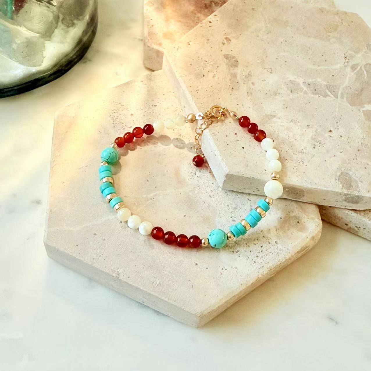 Dunhuang - Red Onyx, Turquoise, and Mother of Pearl Beaded Bracelet
