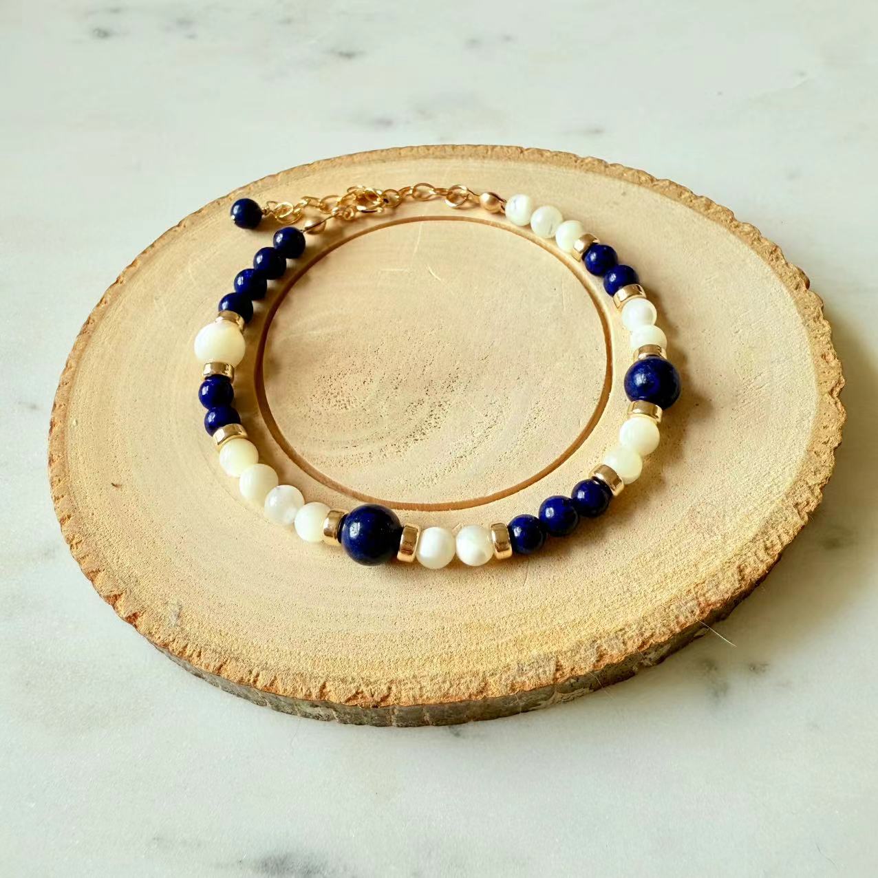 Art Deco - Lapis and Mother of Pearl 14K Gold-Filled Beaded Bracelet