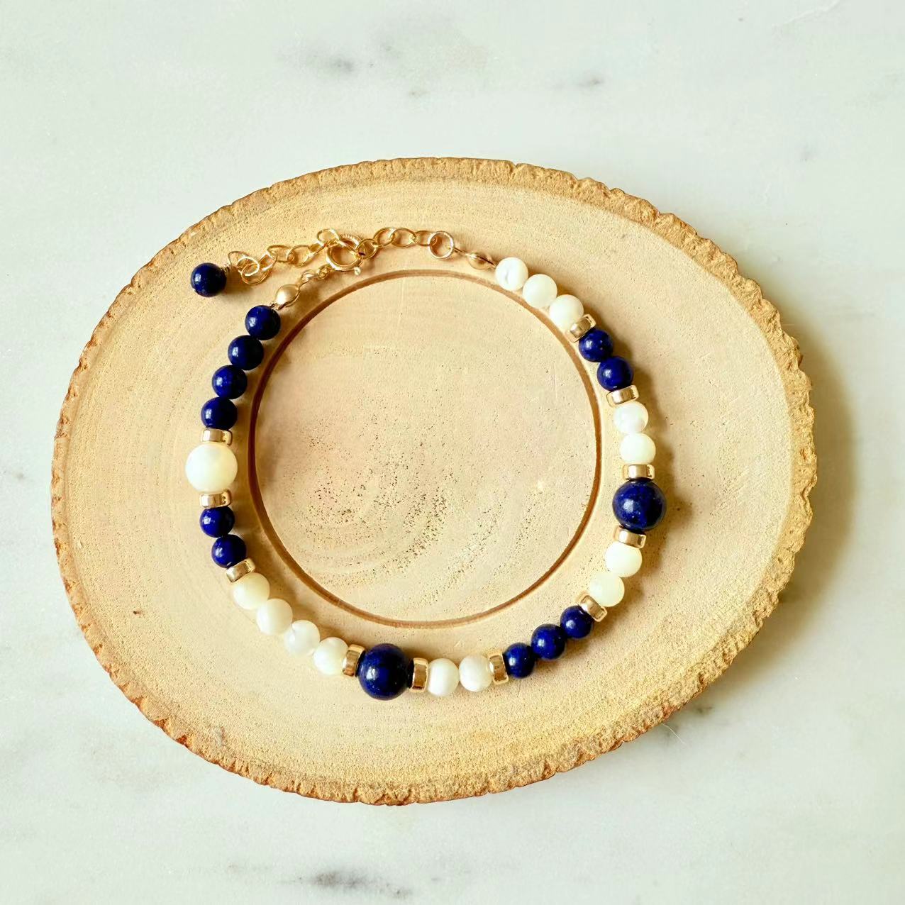 Art Deco - Lapis and Mother of Pearl 14K Gold-Filled Beaded Bracelet