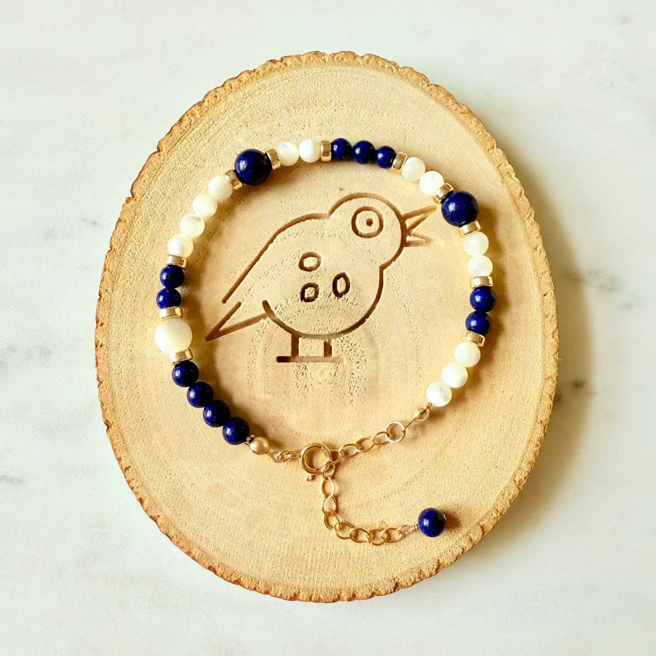 Art Deco - Lapis and Mother of Pearl 14K Gold-Filled Beaded Bracelet