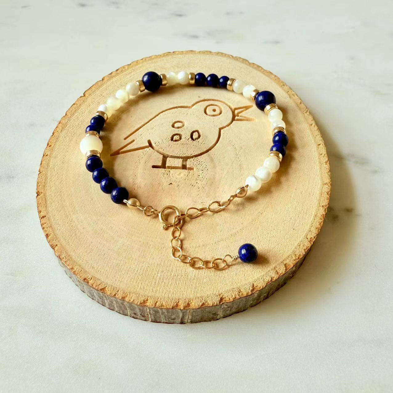 Art Deco - Lapis and Mother of Pearl 14K Gold-Filled Beaded Bracelet