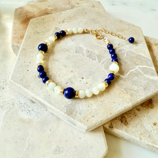 Art Deco - Lapis and Mother of Pearl 14K Gold-Filled Beaded Bracelet