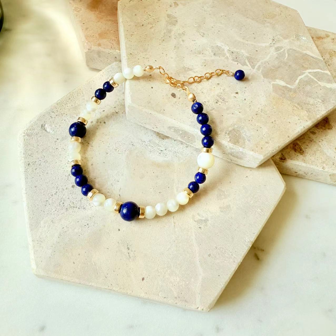 Art Deco - Lapis and Mother of Pearl 14K Gold-Filled Beaded Bracelet