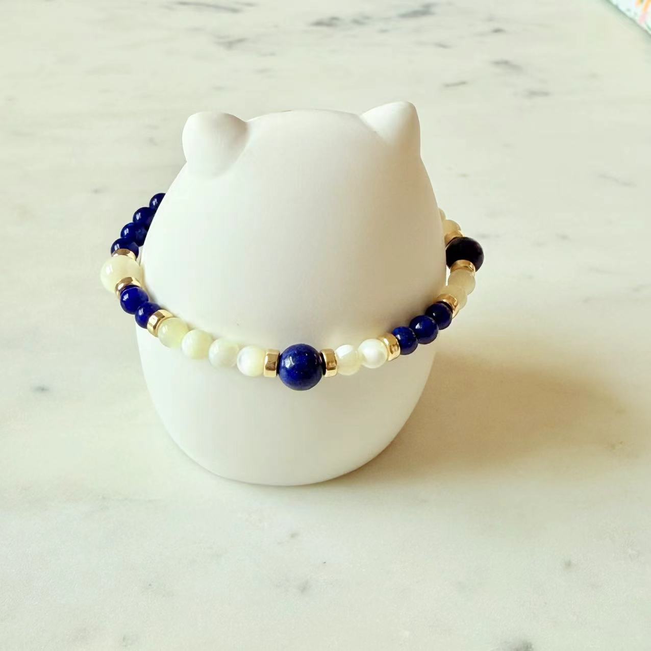 Art Deco - Lapis and Mother of Pearl 14K Gold-Filled Beaded Bracelet