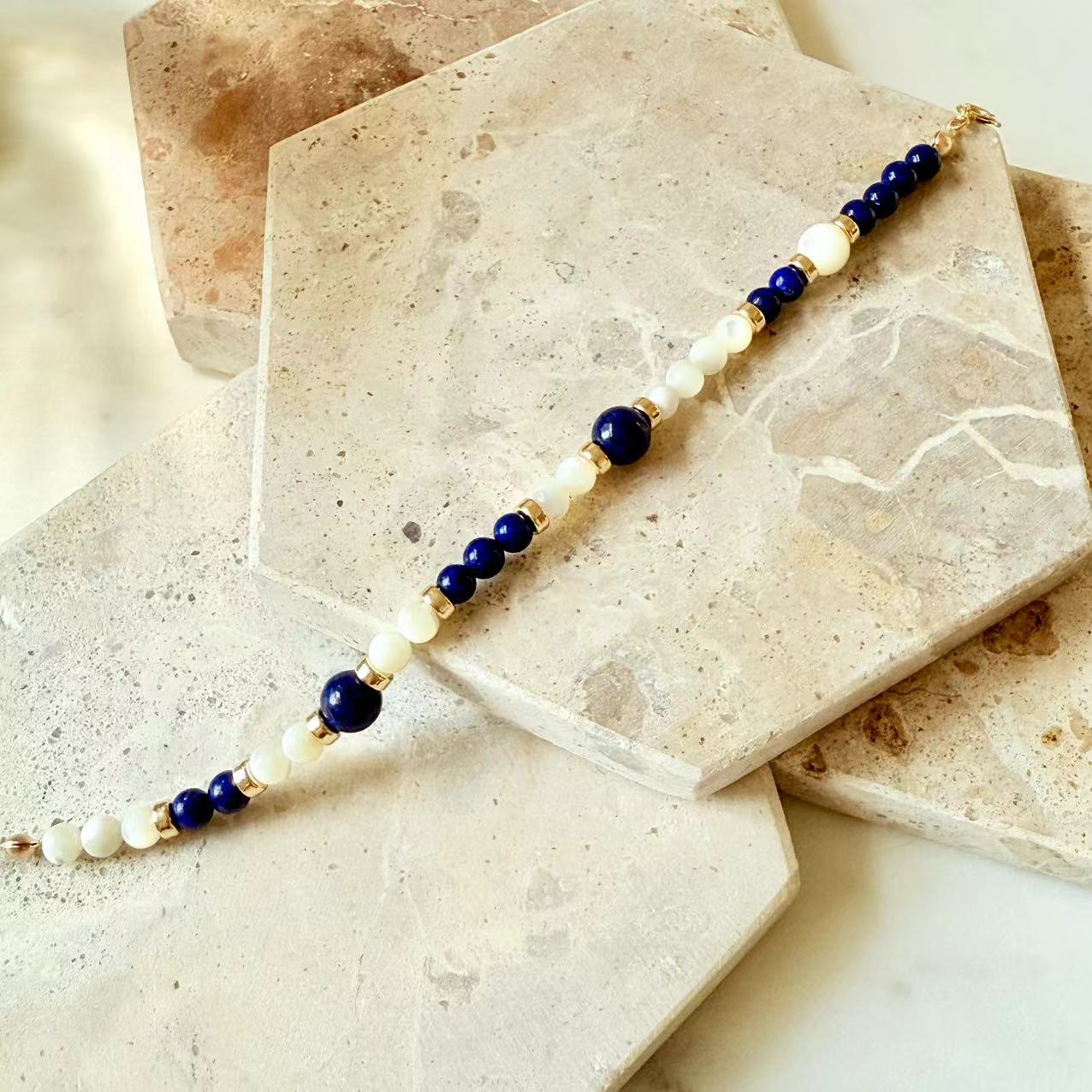 Art Deco - Lapis and Mother of Pearl 14K Gold-Filled Beaded Bracelet