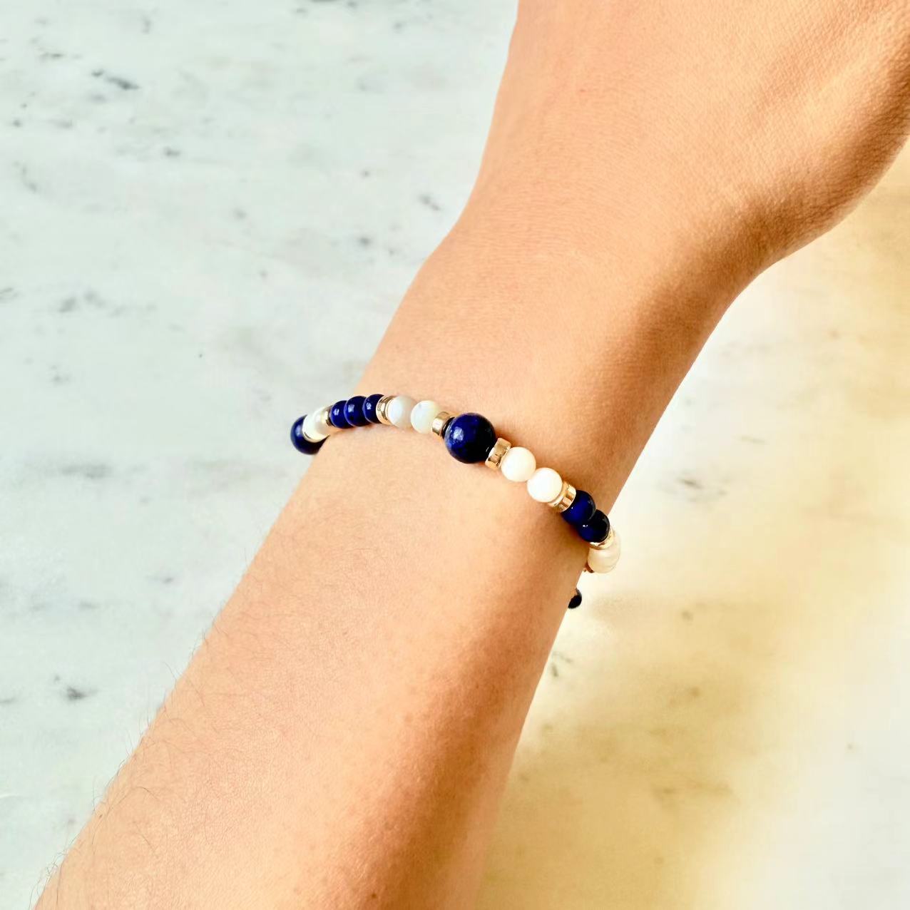 Art Deco - Lapis and Mother of Pearl 14K Gold-Filled Beaded Bracelet