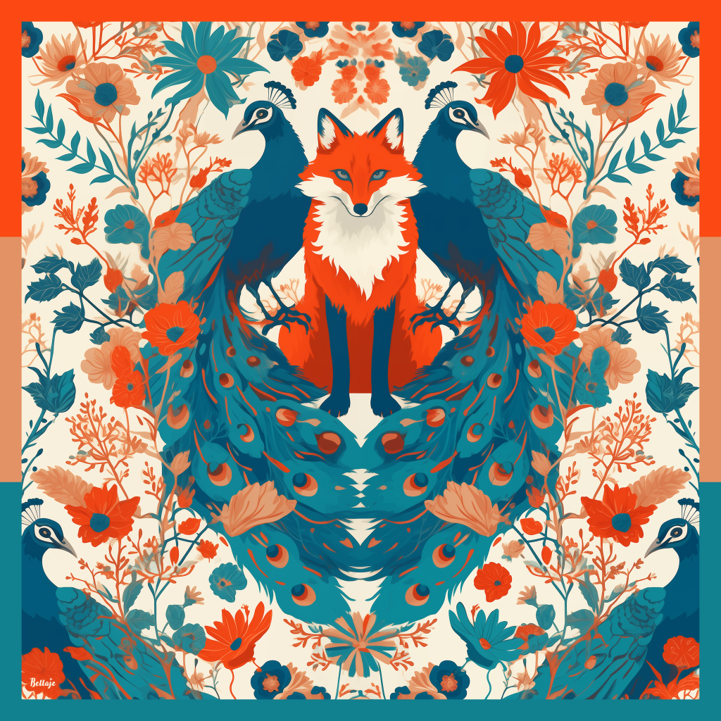 27" Square Scarf - Fox and Peacocks